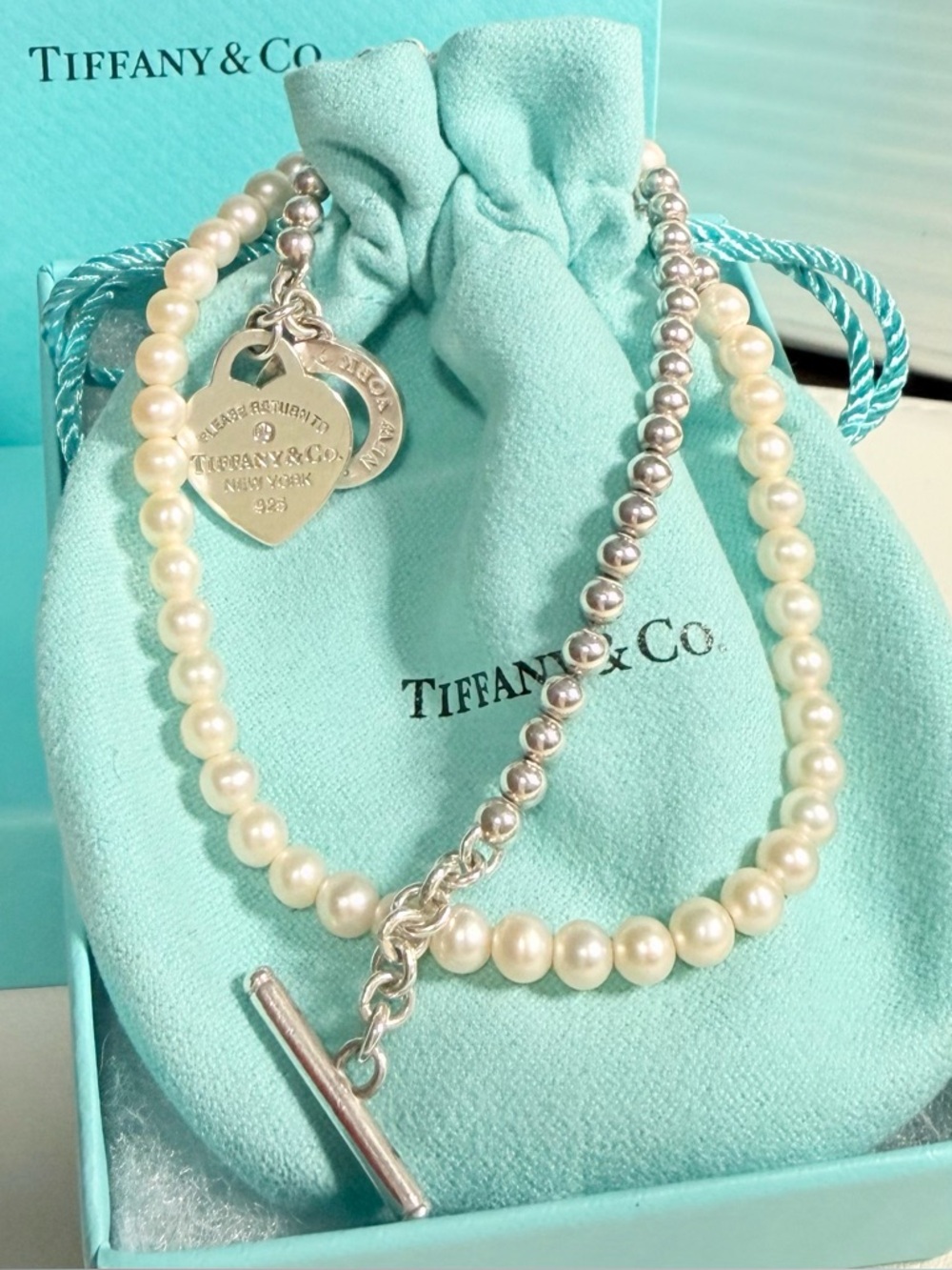 Tiffany & Co. Wrap Toggle Bracelet in Beaded Silver, Pearls with Diamond RTT ❤️